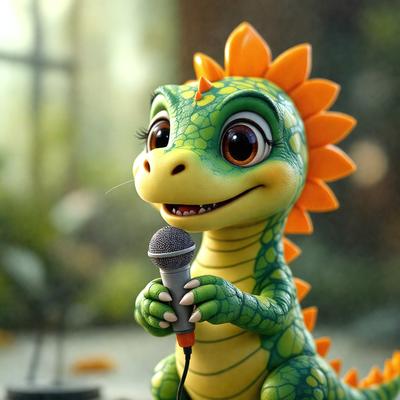 The primary subject of the image is a cartoon dinosaur, specifically a green and yellow lizard, holding a microphone. The lizard is standing on a table, and it appears to be a toy or a character from a children's show. The setting is indoors, with a backdrop of a window. The visual style is a combination of digital art and illustration, creating a vibrant and engaging scene. The colors and mood of the image are lively and fun, with the green and